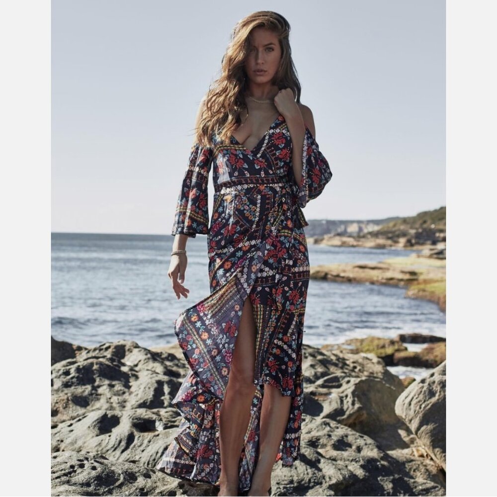 Jaase Fiesta Print Hi Low Hem Maxi Wrap Dress